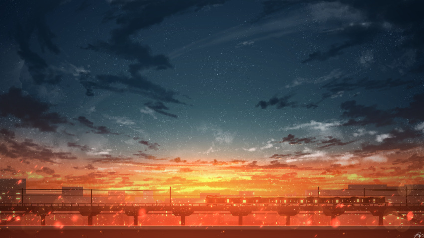 chinese_commentary cityscape cloud commentary_request gradient_sky ground_vehicle highres light_particles no_humans original outdoors power_lines rune_xiao scenery signature sky star_(sky) starry_sky still_life sunset train