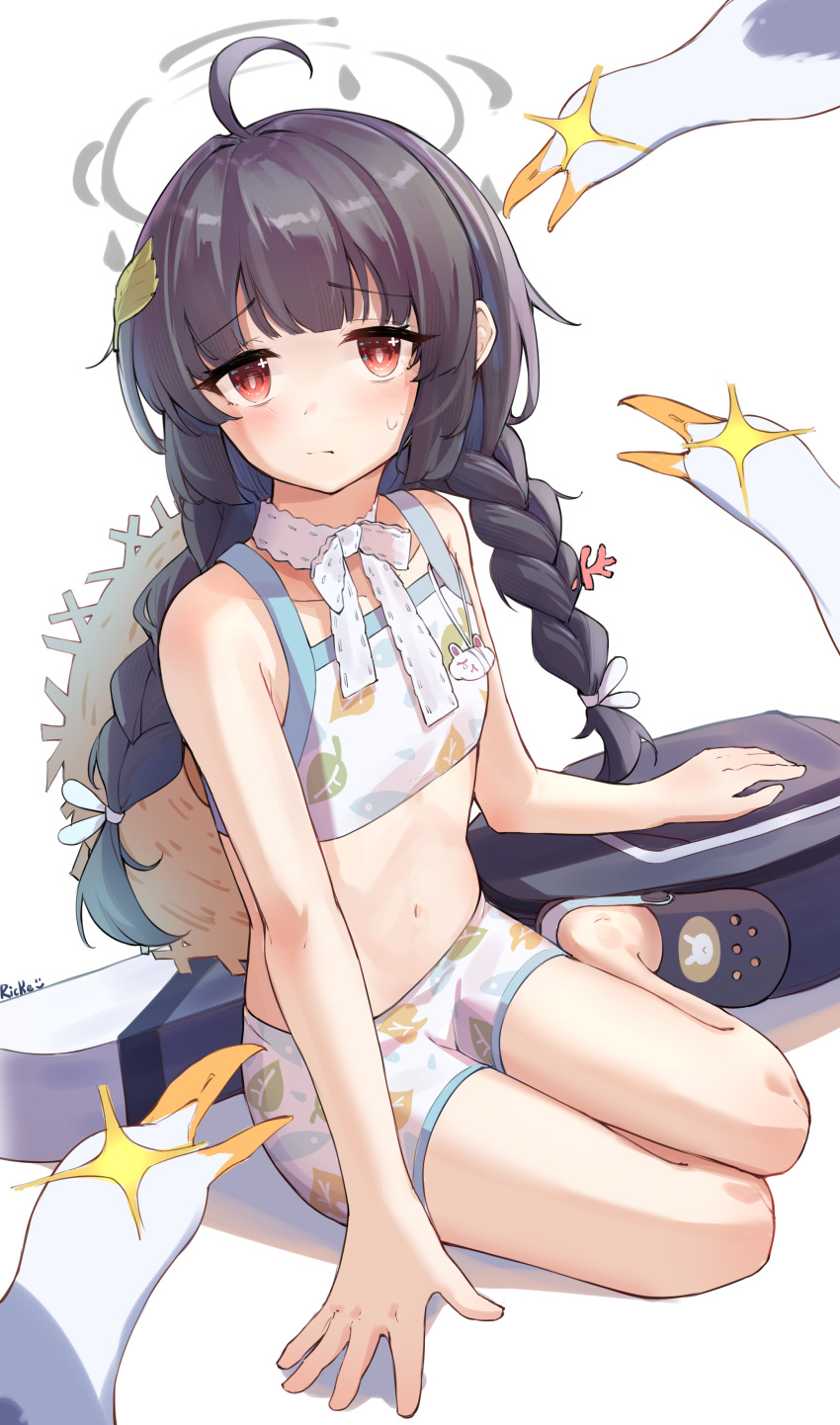 1girl absurdres ahoge animal bare_arms bare_shoulders barefoot bikini bird black_footwear black_hair blue_archive blush braid closed_mouth crocs flat_chest grey_halo halo hat highres leaf_print long_hair miyu_(blue_archive) miyu_(swimsuit)_(blue_archive) navel official_alternate_costume red_eyes ricke_2002 seagull signature simple_background sitting solo straw_hat swimsuit twin_braids white_background white_bikini yokozuwari