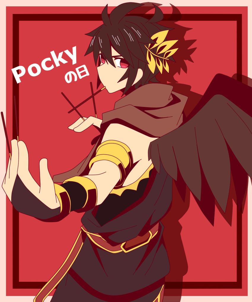 1boy angel angel_wings armband armlet black_hair black_wings dark_pit feathered_wings food_in_mouth highres kid_icarus kid_icarus_uprising laurel_crown looking_at_viewer male_focus pocky_day pocky_in_mouth red_background red_eyes rushia_(retreat) solo wings