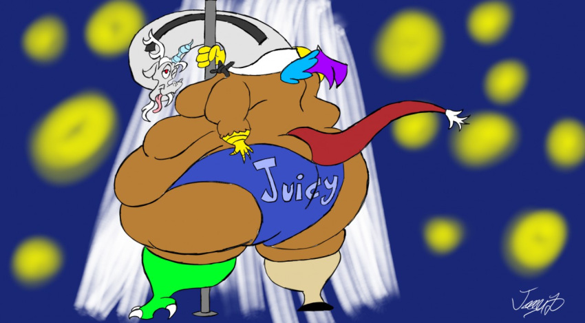 anthro big_butt blue_clothing blue_speedo blue_swimwear bow_tie butt chimera clothing discord_(mlp) draconequus friendship_is_magic hasbro joe-anthro male my_little_pony obese obese_anthro obese_male overweight overweight_anthro overweight_male pole solo speedo stripper stripper_pole swimwear text text_on_clothing text_on_swimwear twerking