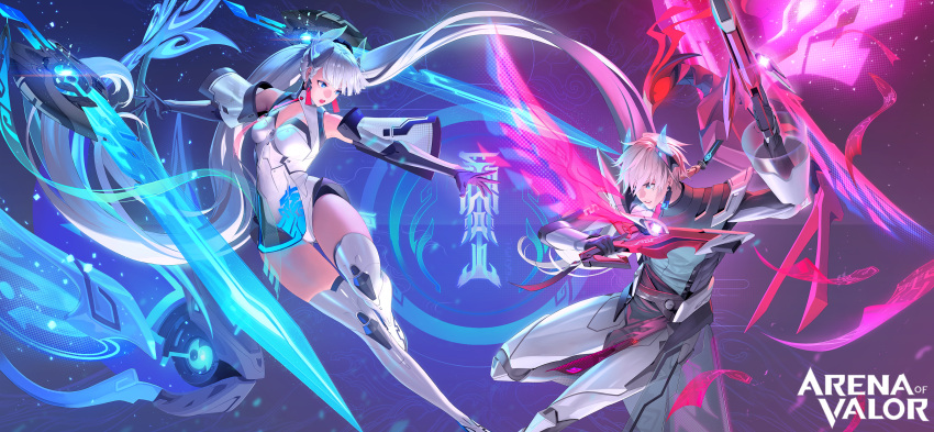 1boy 1girl absurdres airi_(arena_of_valor) aqua_eyes arena_of_valor arm_armor armor ass_visible_through_thighs bare_shoulders blue_eyes breasts chest_armor cleavage cleavage_cutout clothing_cutout detached_sleeves dual_wielding facing_another fighting_stance floating floating_object floating_weapon gloves glowing glowing_headgear glowing_weapon gun headgear highres holding holding_gun holding_weapon huge_weapon hyulla laville_(arena_of_valor) leg_armor long_hair long_sleeves medium_breasts multicolored_clothes multicolored_gloves open_mouth see-through shoulder_armor thighhighs thighs twintails weapon