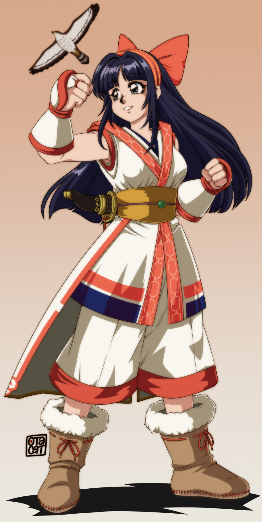 0tacat 1girl absurdres ainu_clothes arm_guards bird black_hair boots bow breasts bridal_gauntlets brown_footwear clenched_hands commentary english_commentary full_body grey_eyes hair_bow hawk highres long_hair mamahaha medium_breasts nakoruru pants parted_lips red_bow samurai_spirits short_sword signature smile solo sword weapon white_pants