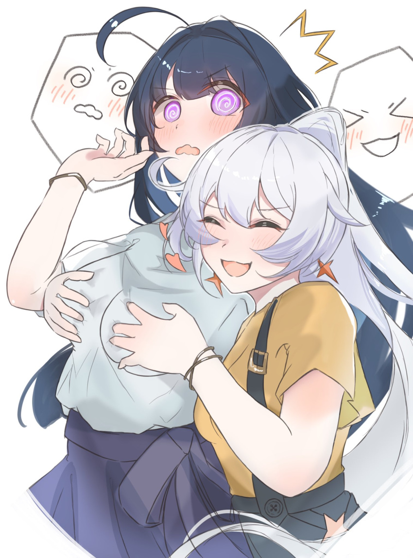 &gt;_&lt; 2girls :d @_@ ^^^ ahoge black_hair black_skirt blue_skirt blush commentary_request grabbing grabbing_another's_breast grabbing_from_behind grey_hair grey_shirt hair_intakes hand_up highres honkai_(series) honkai_impact_3rd kiana_kaslana long_hair multiple_girls niwatori_no_gongen parted_lips ponytail purple_hair raiden_mei shirt short_sleeves simple_background skirt smile spoken_expression suspender_skirt suspenders very_long_hair wavy_mouth white_background xd yellow_shirt yuri