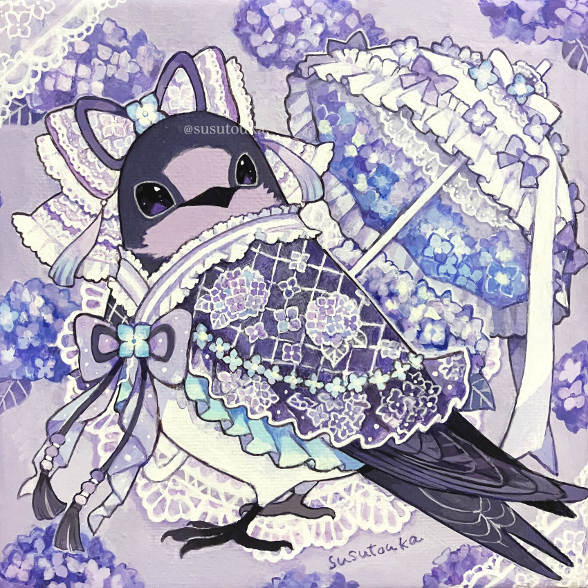 absurdres acrylic_gouache_(medium) acrylic_paint_(medium) animal animal_focus artist_name bird closed_mouth clothed_animal commentary_request embroidery english_commentary flower frills from_side full_body gouache_(medium) highres hydrangea lace no_humans original painting_(medium) parasol purple_eyes purple_flower purple_ribbon purple_theme ribbon solo susutouka swallow_(bird) traditional_media umbrella