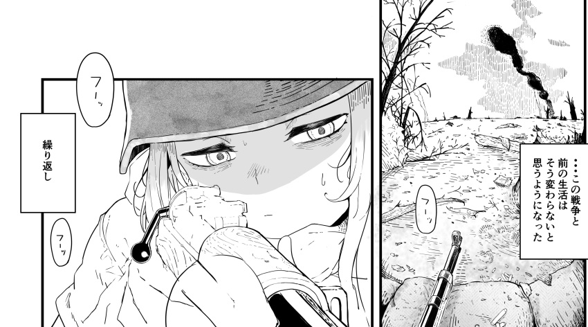 1girl absurdres bare_tree bolt_action cartridge commentary fanged_bangs greyscale gun helmet highres holding holding_gun holding_weapon leaning_on_weapon long_hair monochrome original rifle rifle_cartridge shichisaburo smoke solo_focus speech_bubble sweatdrop tree weapon