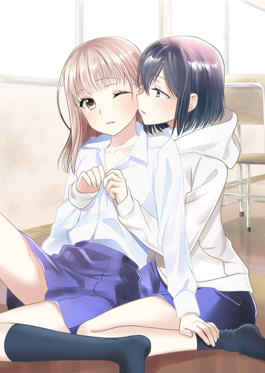 2girls black_eyes black_hair black_socks bob_cut brown_eyes brown_hair chair collared_shirt commentary_request dress_shirt fingernails hakozaki_shiine highres hood hood_down hoodie houkago indoors kamisato_ichika kneehighs long_hair long_sleeves looking_at_another multiple_girls on_floor one_eye_closed ooshima_tomo parted_lips school_uniform shirt short_hair skirt socks unbuttoning white_shirt window yuri