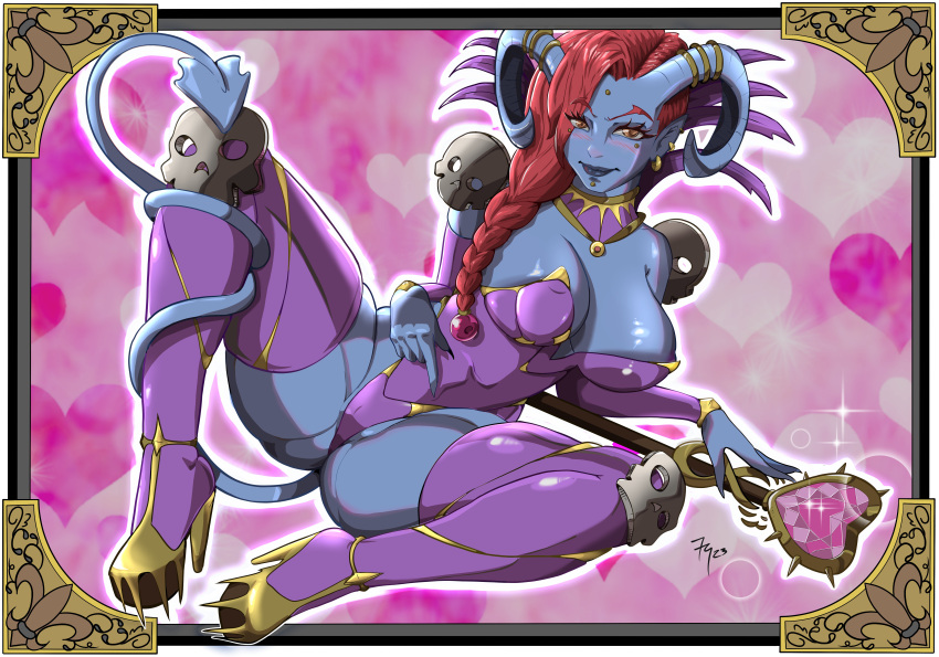 absurdres colored_skin demon_girl fb_buedog highres horns non-web_source original purple_skin red_hair scepter skull spread_legs tail