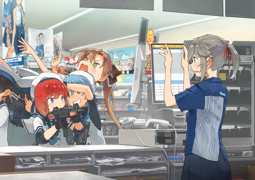 6+girls @_@ akigumo_(kancolle) black_hair blue_hair blue_neckerchief blue_sailor_collar blush braid brown_eyes brown_hair bullpup daitou_(kancolle) dress etorofu_(kancolle) fang green_eyes grin gun hat hiburi_(kancolle) indoors kantai_collection kusakabe_(kusakabeworks) lawson long_hair mini_uzi miyuki_(kancolle) multiple_girls neckerchief open_mouth p90 ponytail purple_eyes red_eyes red_hair sado_(kancolle) sailor_collar sailor_hat school_uniform serafuku short_hair short_sleeves shounan_(kancolle) smile submachine_gun trigger_discipline twin_braids usugumo_(kancolle) weapon white_dress white_headwear