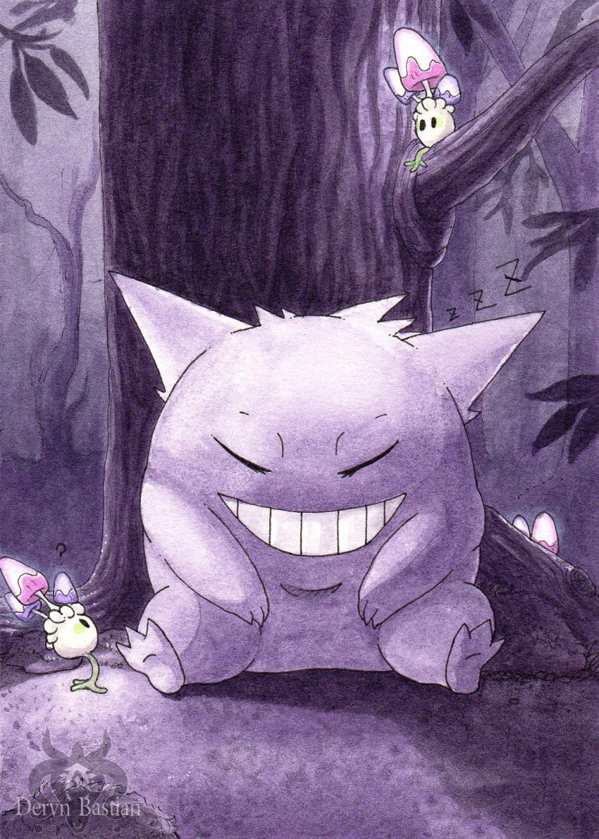 artist_name closed_eyes derynbastian gengar grin highres morelull mushroom no_humans outdoors pokemon pokemon_(creature) sitting smile teeth tree watermark