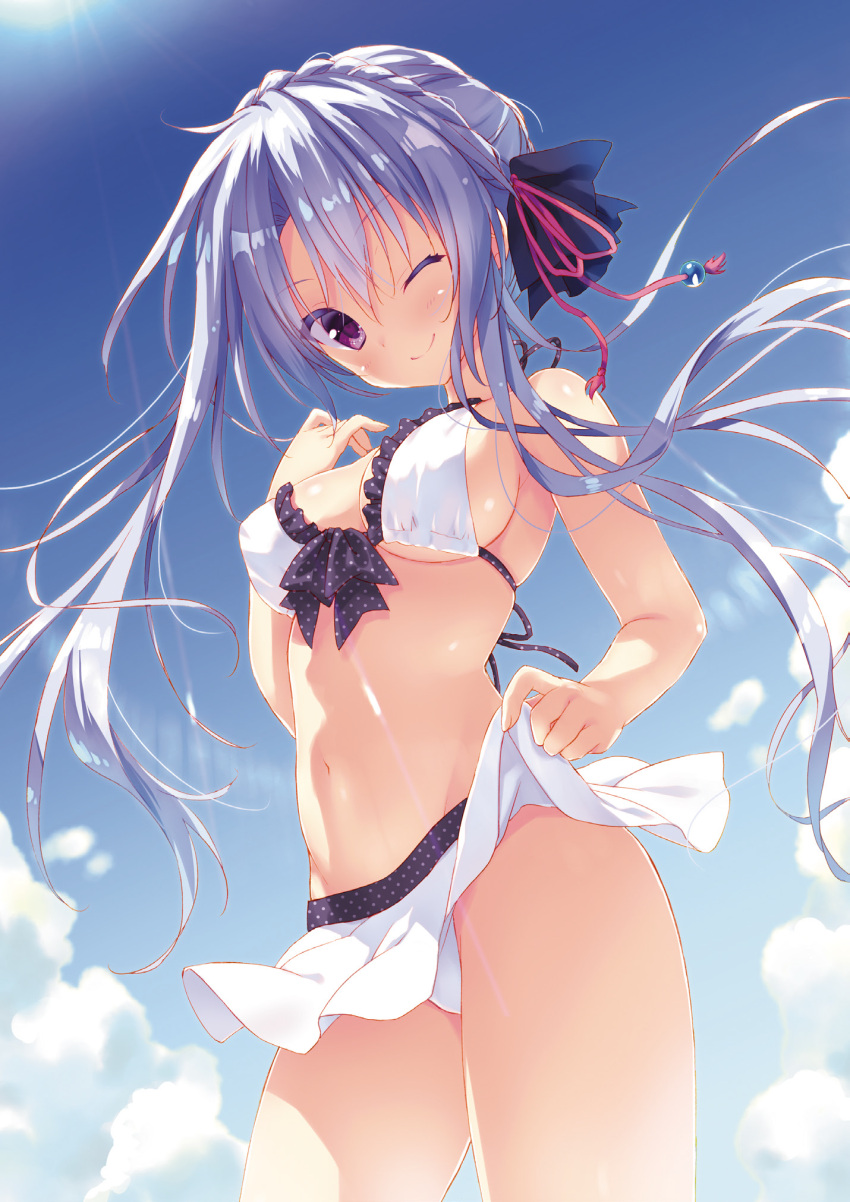 1girl ;) bare_arms bikini bikini_skirt black_ribbon blue_sky blush braid breasts cleavage closed_mouth clothes_lift commentary cowboy_shot crown_braid curvy day floating_hair frilled_bikini frills grey_hair hair_between_eyes hair_ribbon hand_up highres lifted_by_self long_hair medium_breasts miniskirt navel non-web_source one_eye_closed outdoors purple_eyes red_ribbon ribbon ryouka_(suzuya) skirt skirt_lift sky smile solo sorakado_ao standing stomach summer_pockets sunlight swimsuit underboob very_long_hair white_bikini white_skirt