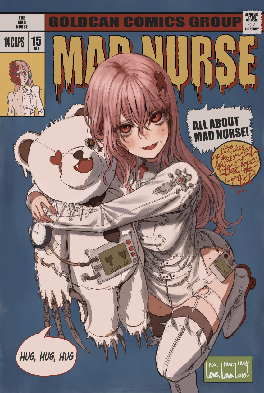 1girl absurdres comic_cover dress english_text gold_can highres leg_up long_hair looking_at_viewer object_hug open_mouth original pink_eyes pink_hair short_dress solo speech_bubble spikes stuffed_animal stuffed_toy sweat teddy_bear thighhighs white_dress white_thighhighs