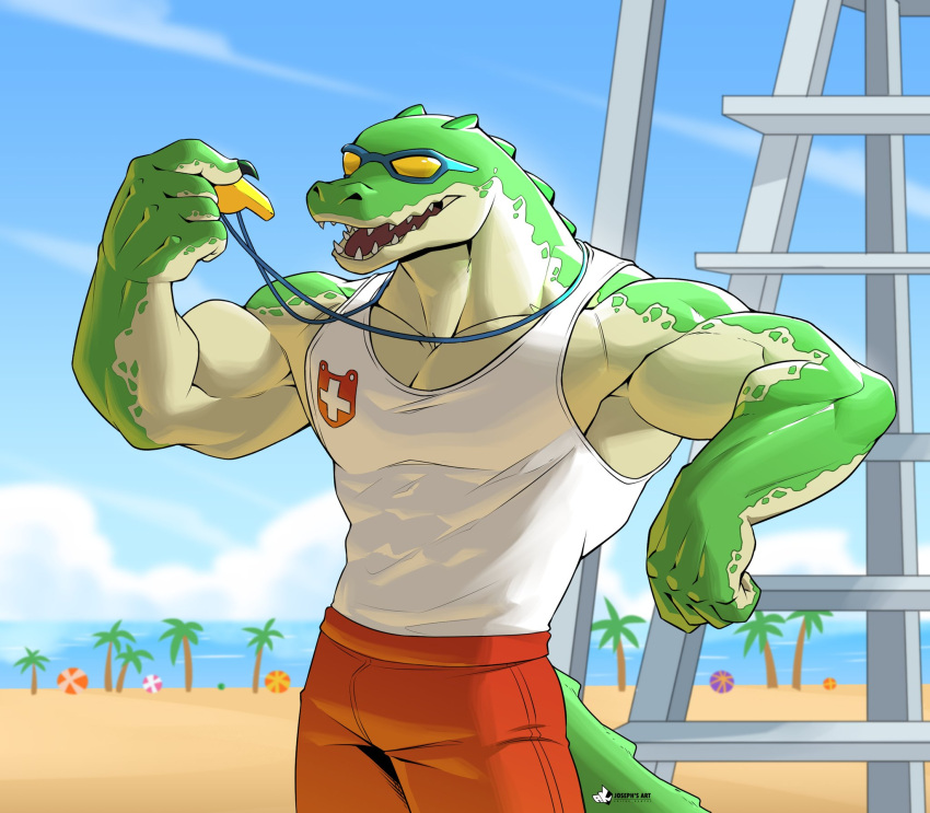 anjing_kampuss anthro claws clothed clothing countershade_arms countershade_face countershade_neck countershading crocodilian fingers green_body hi_res lifeguard male muscular muscular_anthro muscular_male renekton reptile scalie solo tail