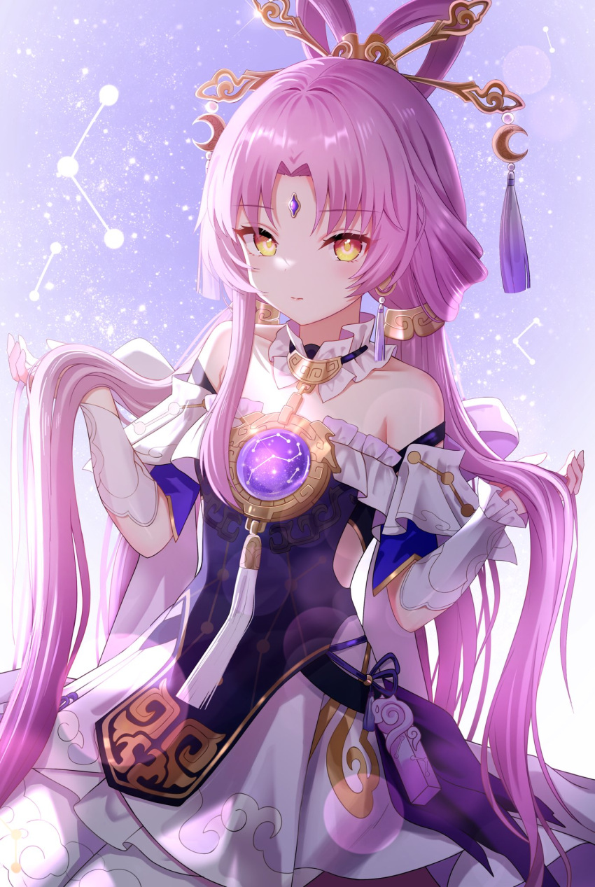 1girl chinese_clothes constellation earrings forehead_jewel fu_xuan_(honkai:_star_rail) hair_lift hair_ornament highres honkai:_star_rail honkai_(series) jewelry nasii necklace pink_hair solo tassel tassel_earrings yellow_eyes