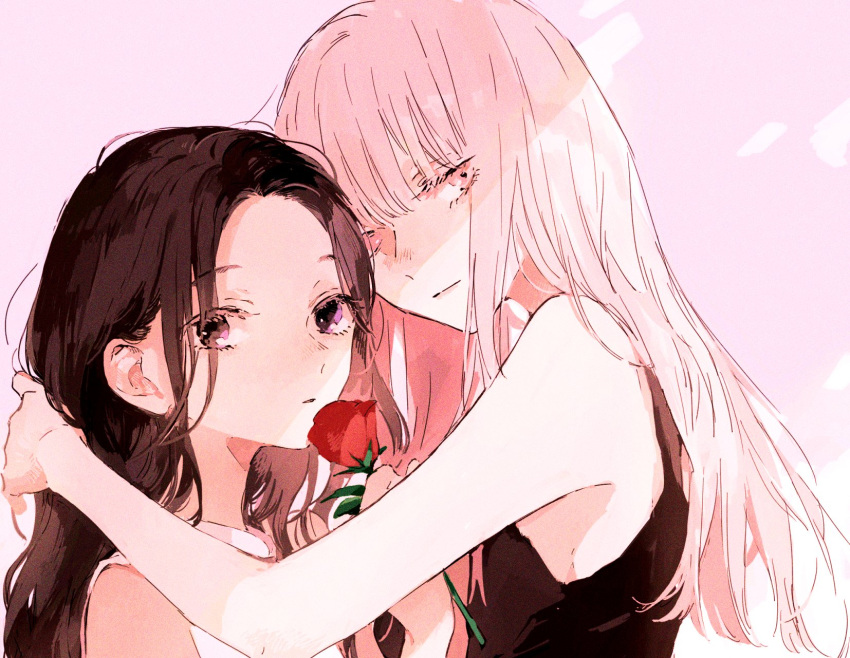 2girls black_hair flower highres holding holding_flower hug kakmxxxny06 kono_koi_wo_hoshi_ni_wa_negawanai long_hair looking_at_viewer looking_back multiple_girls white_hair