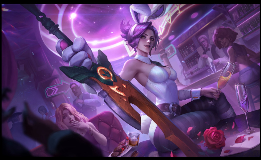 4boys 4girls animal_ears battle_bunny_riven belt blonde_hair breasts brown_belt detached_collar fake_animal_ears fake_tail flower food glass gloves highres holding holding_weapon large_breasts league_of_legends leotard long_hair multiple_boys multiple_girls official_art pantyhose parted_bangs plate ponytail rabbit_ears rabbit_tail riven_(league_of_legends) rose sitting smile solo_focus striped striped_pantyhose table tail teeth weapon white_gloves white_leotard
