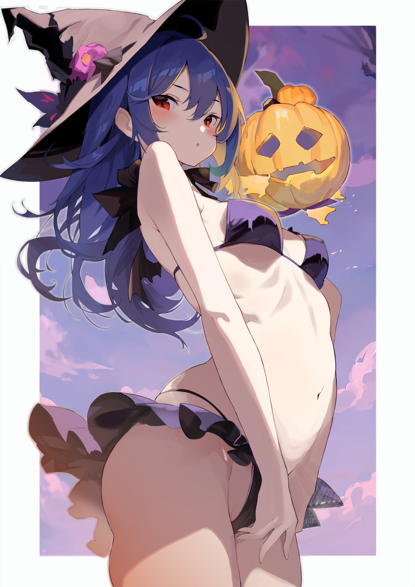 1girl absurdres bikini black_headwear blue_hair blush breasts cleavage cloud commentary_request frilled_bikini frills from_side groin halloween hat highres hinanawi_tenshi jack-o'-lantern long_hair looking_at_viewer medium_breasts navel outdoors red_eyes solo swimsuit tetsurou_(fe+) touhou witch_hat