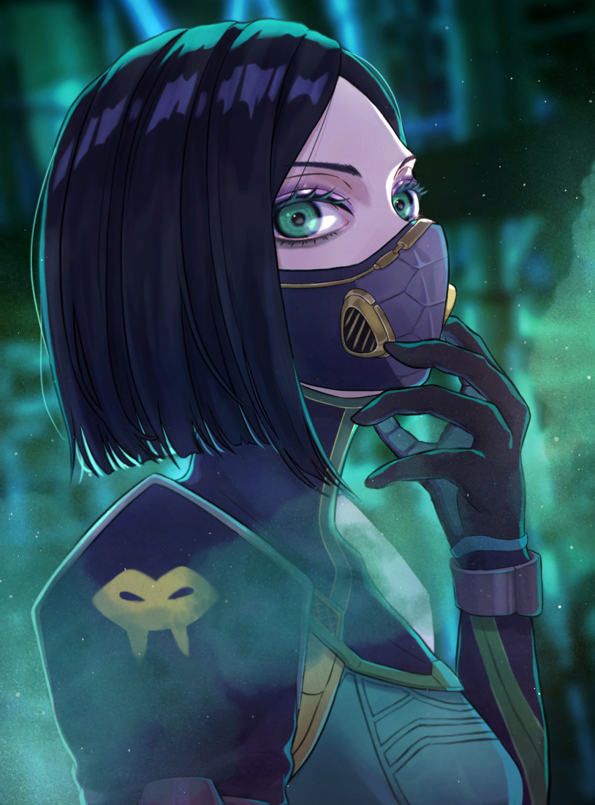 1girl animification black_gloves black_hair blurry blurry_background bodysuit colored_smoke eyeshadow forehead gloves green_bodysuit green_eyes highres looking_at_viewer makeup mardrom mask mouth_mask purple_eyeshadow short_hair smoke solo valorant viper_(valorant)