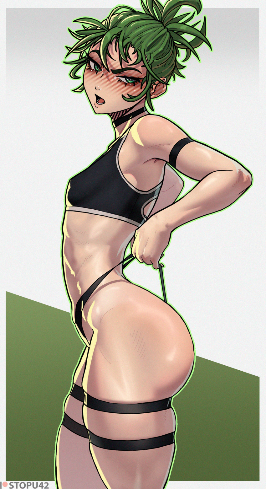 1girl absurdres arm_strap aura black_choker black_panties black_sports_bra blush border choker commentary cowboy_shot english_commentary flat_chest from_side green_background green_eyes green_hair hair_between_eyes highres looking_at_viewer lower_teeth_only multiple_thigh_straps one-punch_man open_mouth outside_border paid_reward_available panties patreon_logo patreon_username raised_eyebrow short_hair skindentation solo sports_bra stopu tatsumaki teeth thick_eyebrows thick_thighs thigh_strap thighs toned topknot two-tone_background underwear white_background white_border