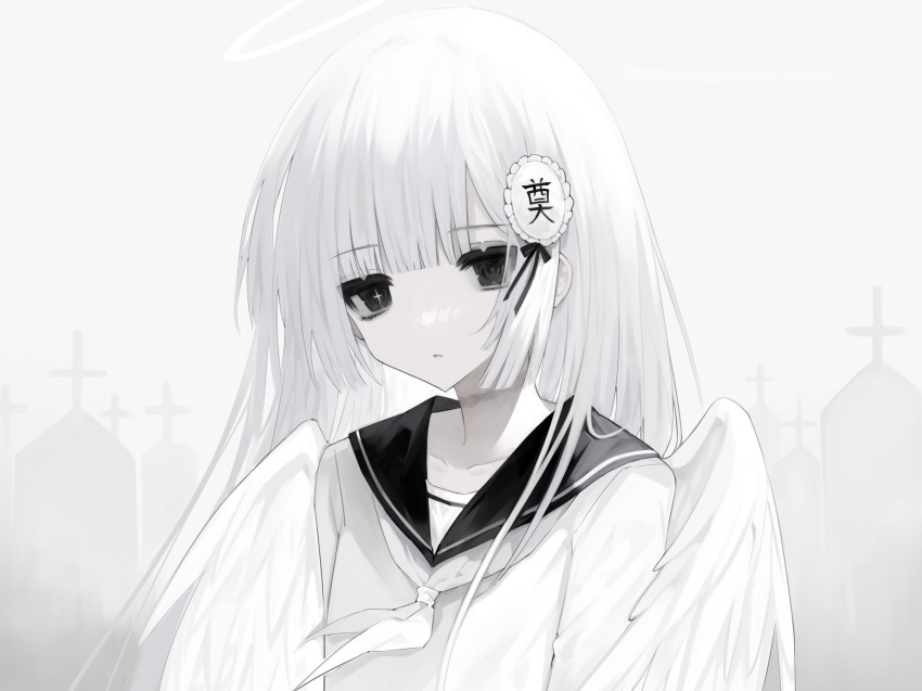 1girl angel_wings blunt_bangs collarbone cross cross-shaped_pupils expressionless floating_hair greyscale hair_ornament half-closed_eyes highres hime_cut long_hair looking_at_viewer mismatched_pupils monochrome neckerchief original parted_lips rope_marks school_uniform serafuku solo symbol-shaped_pupils tombstone translation_request upper_body wings zi_qi_xiang