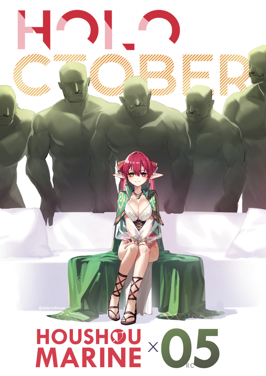 1girl 5boys absurdres adarin breasts character_name couch elf heterochromia highres hololive houshou_marine large_breasts long_hair looking_at_viewer meme multiple_boys muscular muscular_male orc piper_perri_surrounded_(meme) pointy_ears sitting smile tusks twintails virtual_youtuber yellow_eyes