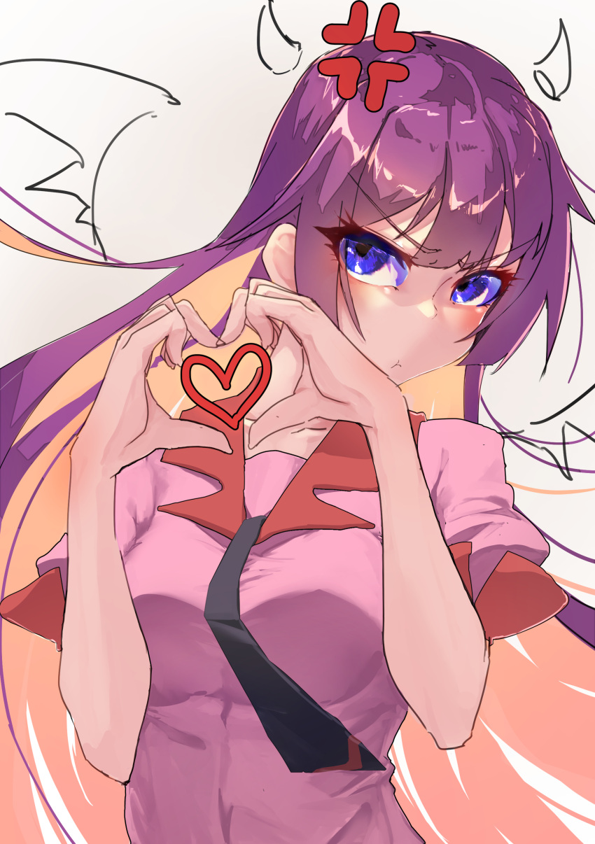 1girl absurdres annoyed bakemonogatari black_necktie closed_mouth colored_inner_hair drawn_horns drawn_wings hands_up heart heart_hands highres long_hair looking_at_viewer monogatari_(series) multicolored_hair naoetsu_high_school_uniform necktie pink_shirt pout purple_eyes purple_hair school_uniform senjougahara_hitagi shirt sleeves_rolled_up solo thomas_(aoakumasan) tsundere upper_body white_background