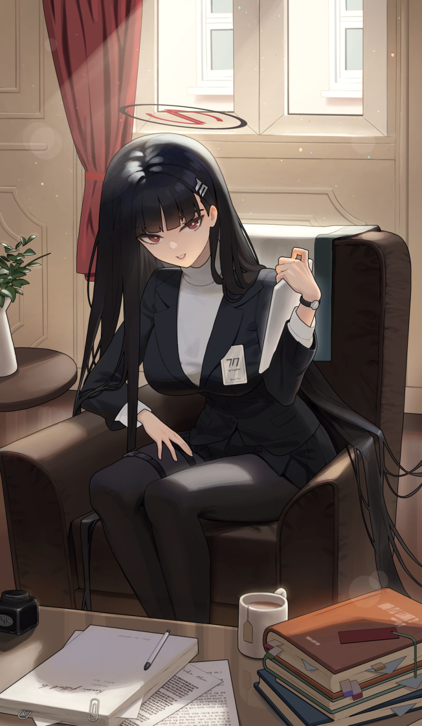 1girl black_hair black_jacket black_pantyhose blue_archive book book_stack breasts bright_pupils byo_chyo chair coffee_mug cup easy_chair hair_ornament hairclip halo highres holding holding_tablet_pc id_card jacket large_breasts long_hair looking_at_viewer lounge_chair mug on_chair pantyhose plant potted_plant red_eyes rio_(blue_archive) sitting smile solo sweater tablet_pc turtleneck turtleneck_sweater very_long_hair watch white_pupils white_sweater window wristwatch