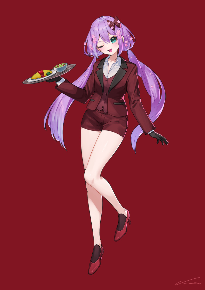 1girl absurdres black_gloves blazer blush breasts cherry_blossoms collarbone collared_shirt dot_nose feet food full_body gloves green_eyes hair_behind_ear high_heels highres holding holding_tray invisible_floor jacket legs long_sleeves looking_at_viewer nemoto_yuuma nijisanji omelet omurice one_eye_closed open_clothes open_jacket open_mouth purple_hair red_background red_footwear red_jacket red_shorts red_vest sakura_ritsuki salad shirt shorts signature simple_background small_breasts solo standing swept_bangs thighs tongue tray twintails vest virtual_youtuber white_shirt