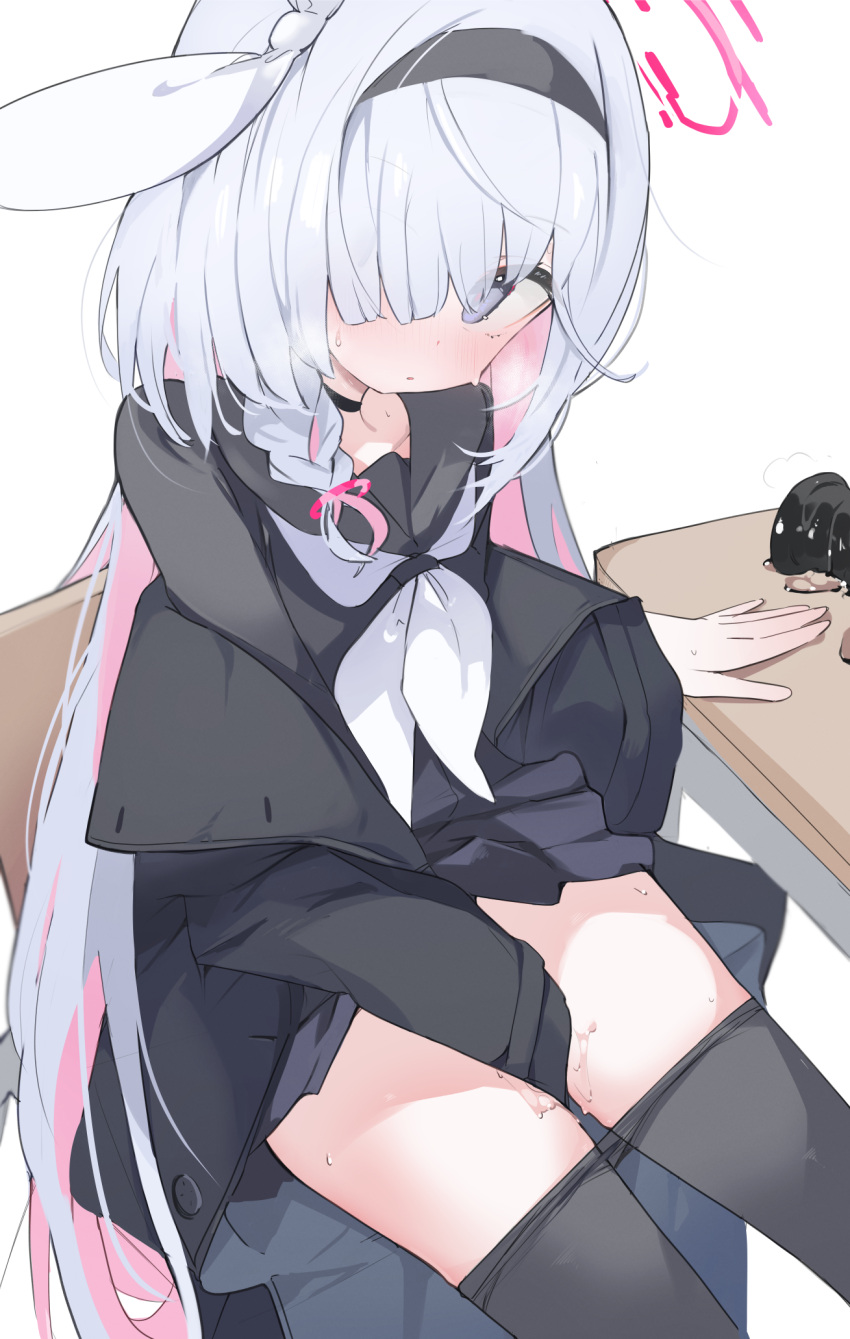 1girl a.r.o.n.a_(blue_archive) arm_between_legs between_legs black_choker black_headband black_jacket black_pantyhose black_serafuku black_skirt blue_archive blush braid chair choker clothes_pull desk dildo grey_hair hair_over_one_eye halo hand_between_legs headband heavy_breathing highres jacket jacket_partially_removed long_hair looking_at_viewer mikozin multicolored_hair neckerchief pantyhose pantyhose_pull pink_hair pink_halo pussy_juice red_pupils school_chair school_desk school_uniform serafuku sex_toy side_braid simple_background single_braid sitting skirt solo straight_hair sweatdrop two-tone_hair very_long_hair white_background white_neckerchief