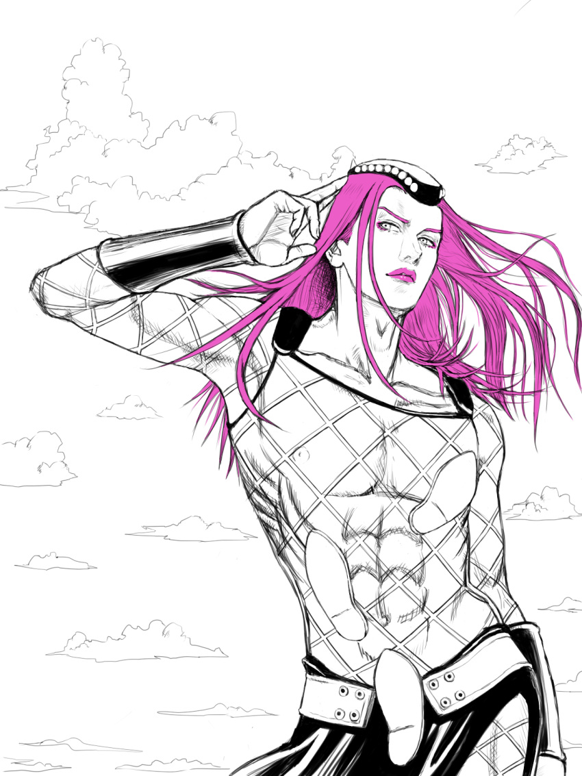 1boy abs cloud cloudy_sky eyeshadow fishnet_top fishnets hand_in_own_hair hat highres jojo_no_kimyou_na_bouken keiimajima02 long_hair makeup male_focus messy_hair miniskirt narciso_anasui nipples partially_colored pink_eyeshadow pink_hair pink_lips revealing_clothes skirt sky solo stone_ocean toned