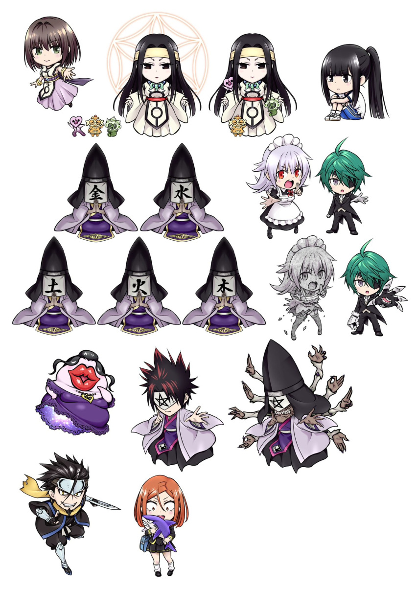 alternate_costume apron ayakashi_triangle brown_hair character_request chibi commentary_request eyelashes green_hair grey_hair happy highres hirasaka_mei_(ayatora) iyo_(yamato_gensouki) japanese_clothes kazamaki_matsuri kazamaki_matsuri_(female) long_hair maid maid_apron maid_headdress ninja ninokuru_muga official_alternate_costume official_art petrification short_hair simple_background smile standing stuffed_toy toba_yayoi white_background yabuki_kentarou yamato_gensouki