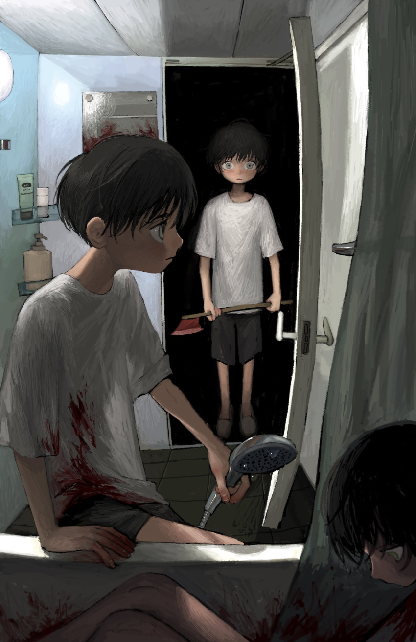 3boys absurdres arm_support axe bathroom bathtub black_hair black_shorts blood blood_on_clothes blood_on_mirror blood_splatter bottle clone closed_mouth corpse crazy_eyes doorway dripping frown grey_eyes highres holding holding_axe holding_shower_head implied_murder looking_at_another looking_to_the_side mirror multiple_boys murder open_door original shirt short_sleeves shorts shower_head slippers water_drop white_shirt yakito_lulu