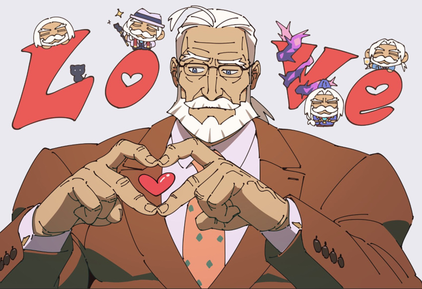 1boy alcohol bara beard blue_eyes business_suit cat champagne champagne_flute chibi chibi_inset cuff_links cup drinking_glass english_text facial_hair heart heart_hands jp_(street_fighter) long_hair male_focus mature_male multiple_views muscular muscular_male mustache necktie ponytail rectangular_eyewear sa1k0p solo street_fighter street_fighter_6 suit thick_eyebrows thick_mustache white_hair