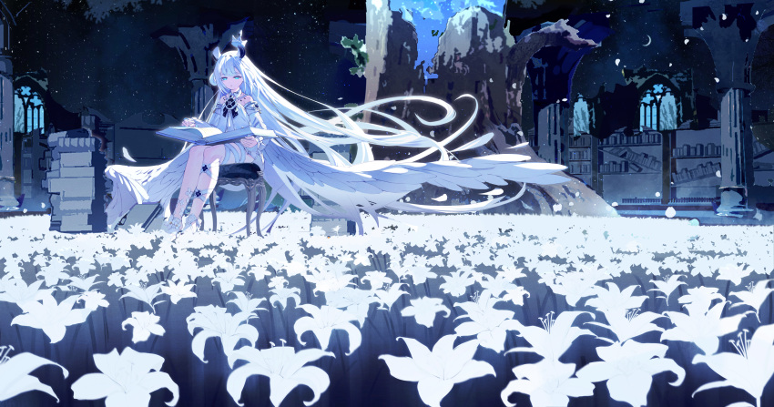 1girl absurdres bare_shoulders blue_eyes book bookshelf column detached_sleeves feathered_wings feathers field flower flower_field highres holding holding_book horns on_chair open_book original pillar scenery sitting solo wang_man white_flower white_hair white_wings wings