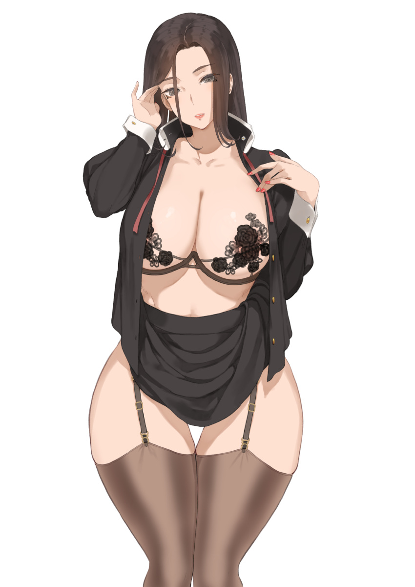 1girl black_bra black_eyes black_hair bra breasts brown_thighhighs cleavage garter_straps highres long_hair looking_at_viewer open_clothes original parted_lips red_nails simple_background skirt solo thighhighs throtem underwear white_background