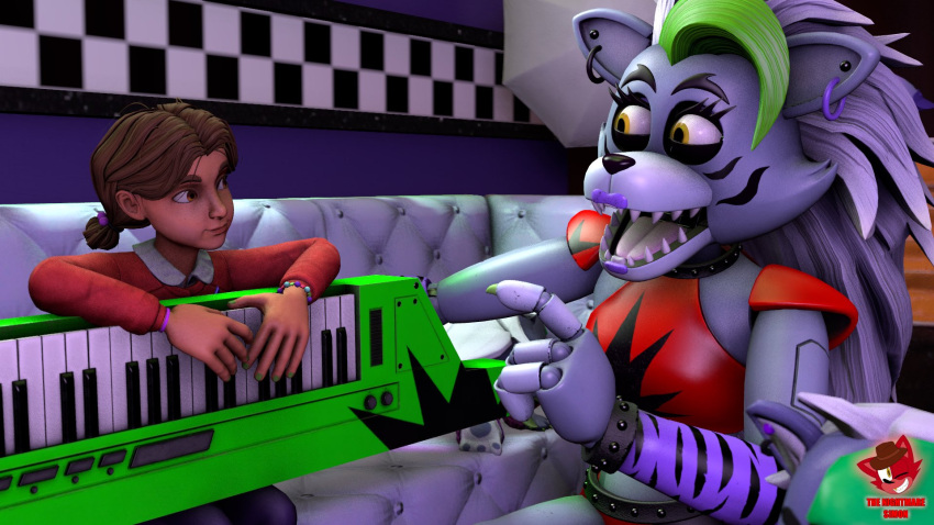 anthro bed belt bracelet canid canine canis cassie_(fnaf) claws collar duo ear_piercing eye_contact fangs female five_nights_at_freddy's five_nights_at_freddy's:_security_breach five_nights_at_freddy's:_security_breach_ruin furniture hi_res holding_musical_instrument holding_object human jewelry looking_at_another mammal musical_instrument on_model open_mouth piercing roxanne_wolf_(fnaf) scottgames sitting spiked_belt spiked_bracelet spiked_collar spikes steel_wool_studios teeth thenightmaresimon tongue wolf