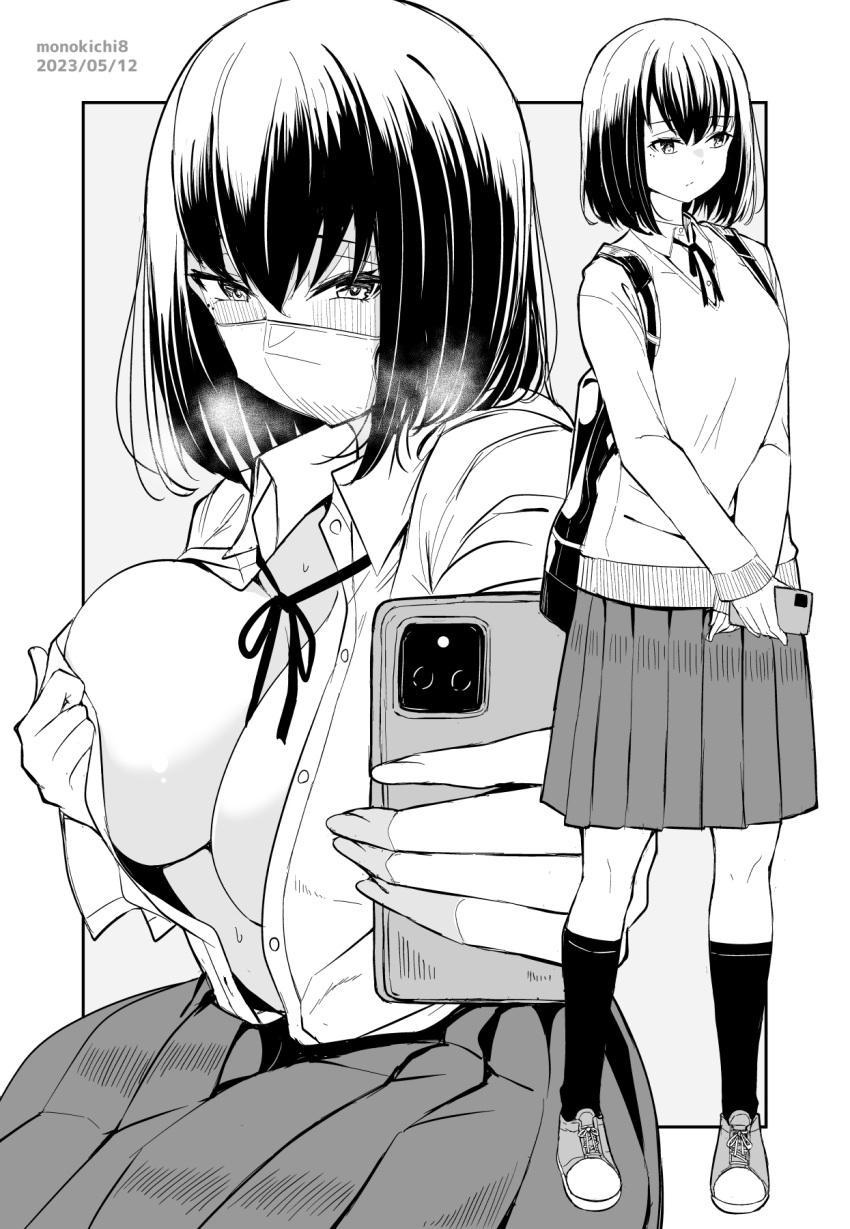 1girl bag blush breasts cellphone closed_mouth commentary_request covering_nipples dated full_body grey_background heavy_breathing highres holding holding_phone kichihachi large_breasts long_sleeves mask monochrome mouth_mask multiple_views open_clothes open_shirt original phone ribbon school_uniform shirt shoes short_hair skirt standing surgical_mask sweater_vest twitter_username two-tone_background