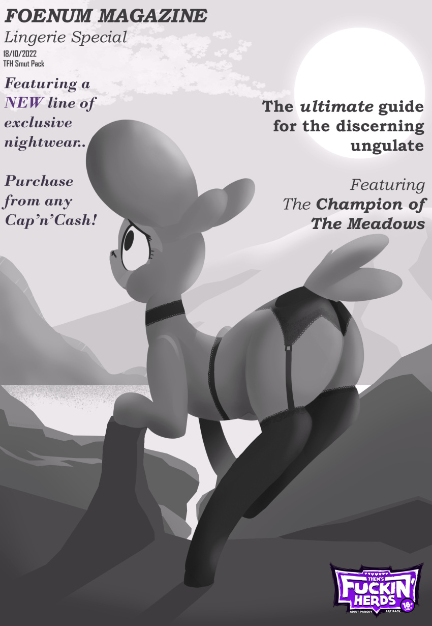 2022 bovid butt caprine clothed clothed_feral clothing cover digital_media_(artwork) domestic_sheep english_text female feral garter_belt garter_straps greyscale hi_res lingerie lingerie_on_feral magazine_cover mammal monochrome mountain nannynonads pom_(tfh) quadruped rear_view sheep solo sun tail text them's_fightin'_herds
