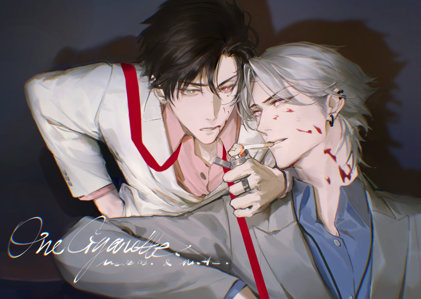 2boys aohitsugi_samatoki black_hair blood blood_on_face blue_background blue_shirt buttons cigarette clenched_teeth coattails collared_shirt commentary dark_background ear_piercing english_commentary english_text eyelashes fire green_eyes grey_jacket hand_in_pocket head_tilt heterochromia highres holding holding_cigarette hoop_piercing hypnosis_mic jacket kami_off_record layered_sleeves lighting_cigarette long_sleeves looking_at_viewer male_focus mouth_hold multiple_boys parted_lips piercing pink_shirt purple_eyes red_eyes red_ribbon ribbon shadow shirt short_hair smile smoking teeth upper_body white_hair white_jacket yamada_ichiro yaoi