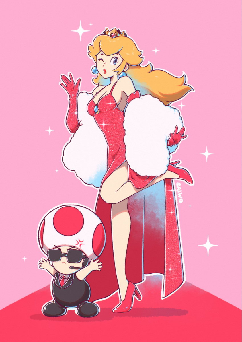 1boy 1girl alternate_costume black_jacket blonde_hair blue_eyes clothing_request crown dress earrings elbow_gloves english_commentary full_body gloves high_heels highres jacket jewelry leg_up long_hair looking_at_viewer mario_(series) one_eye_closed pink_background ponytail princess_peach red_carpet red_dress red_footwear red_gloves red_toad_(mario) saiwo_(saiwoproject) simple_background sleeveless sleeveless_jacket sphere_earrings sunglasses toad_(mario) waving