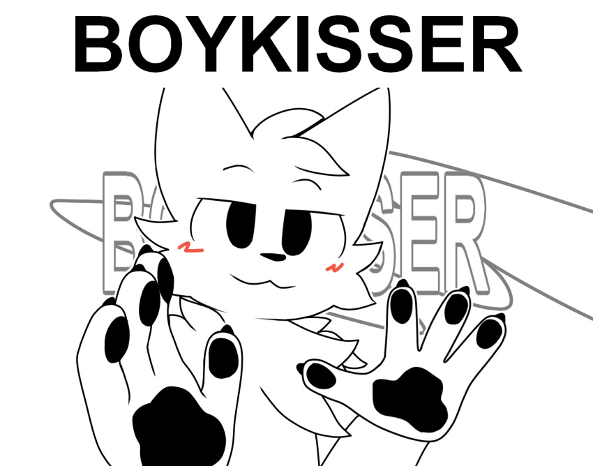 4_fingers :3 anthro blaki_raiper blush blush_lines boy_kisser_(meme) cheek_tuft claws digital_media_(artwork) domestic_cat english_text facial_tuft felid feline felis fingers fluffy fluffy_shoulders fur half-closed_eyes humor looking_at_viewer male mammal meme monochrome mr_beast_(meme) narrowed_eyes pawpads pose reaction_image shitpost smile smiling_at_viewer solo text tuft white_body white_fur