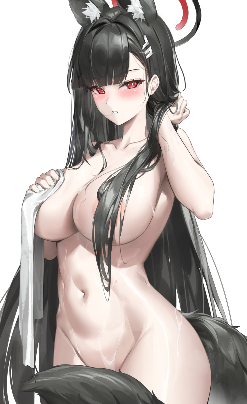 1girl absurdres animal_ears areola_slip black_hair black_tail blue_archive blush breasts collarbone completely_nude covering_breasts covering_privates fox_ears fox_tail groin hair_censor hair_over_breasts hair_over_one_breast halo heart heart-shaped_pupils highres holding holding_towel kemonomimi_mode large_breasts long_hair navel nude open_mouth red_eyes rio_(blue_archive) samart solo stomach symbol-shaped_pupils tail tail_censor towel very_long_hair wet wet_hair white_background