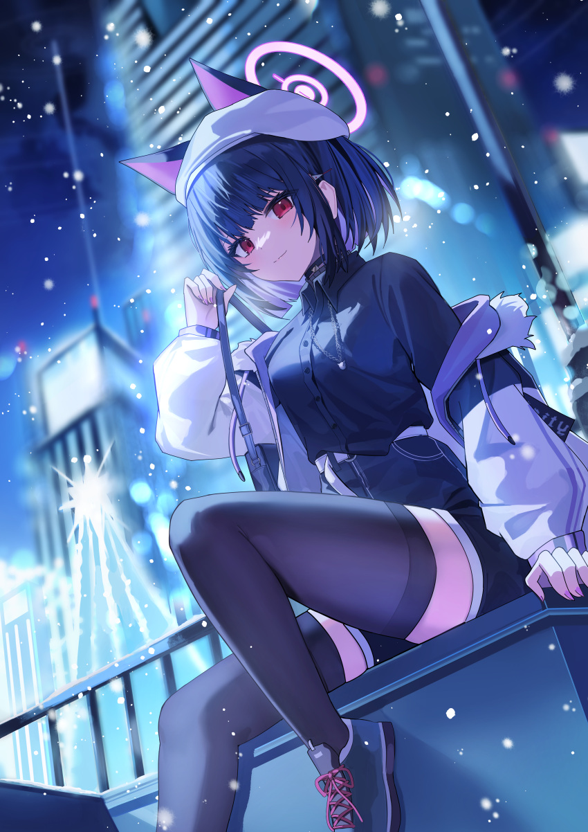 1girl absurdres animal_ears black_hair black_shirt black_thighhighs blue_archive blurry blurry_background blush breasts buttons cat_ears closed_mouth collared_shirt halo highres iv_(iv70311741) jacket kazusa_(blue_archive) large_breasts long_sleeves night outdoors pink_halo red_eyes shirt short_hair sitting smile solo thighhighs white_jacket