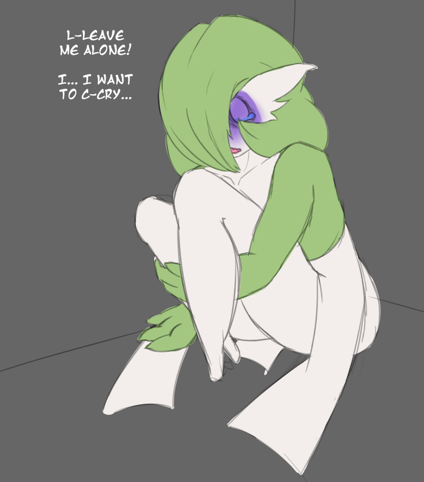 2023 3_fingers colored_sketch curled_up dialogue empty_eyes english_text featureless_feet female fetal_pose fingers flat_colors gardevoir generation_3_pokemon green_hair hair hair_over_eye hi_res hopelessness humanoid neo_mecha nintendo one_eye_obstructed pokemon pokemon_(species) sketch solo text