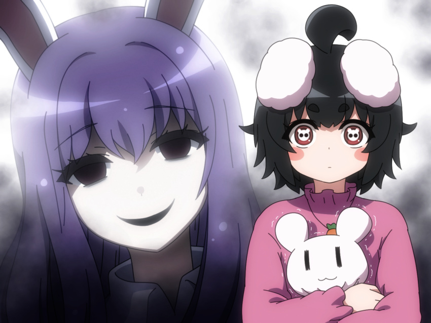 2girls :3 ahoge animal_ears black_hair black_mouth blush carrot_necklace closed_mouth collared_shirt commentary_request dark_gathering empty_eyes floppy_ears grey_background hair_between_eyes huge_ahoge inaba_mob_(touhou) inaba_tewi jewelry looking_at_viewer medium_bangs multiple_girls necklace open_mouth parody pink_shirt purple_hair rabbit rabbit-shaped_pupils rabbit_ears rabbit_girl red_eyes reisen_udongein_inaba shirosato shirt short_hair smile symbol-shaped_pupils textless_version thick_eyebrows touhou trembling upper_body white_shirt