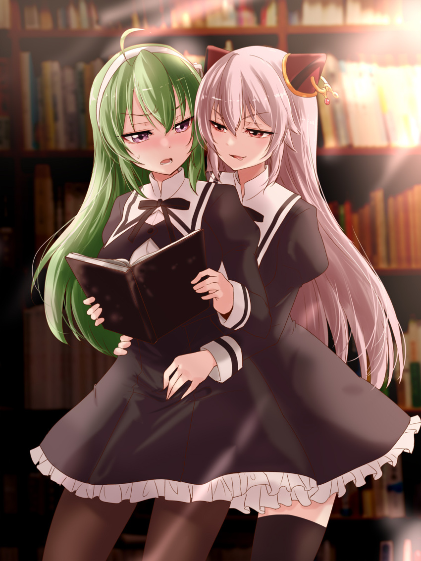 2girls :q ahoge assault_lily behind_another black_ribbon black_skirt black_thighhighs blurry blurry_background book bookshelf bow_hairband breasts brown_pantyhose buttons commentary commission cowboy_shot cropped_jacket endou_araya frilled_skirt frills green_hair hair_between_eyes hair_ribbon hairband hairpods half-closed_eyes hand_on_another's_stomach hand_on_another's_waist hands_up heads_together high-waist_skirt highres holding holding_book indoors juliet_sleeves library long_hair long_sleeves looking_at_another looking_to_the_side lower_teeth_only medium_breasts multiple_girls naughty_face neck_ribbon open_book pantyhose parted_lips pink_hair puffy_sleeves purple_eyes red_eyes ribbon school_uniform shirt skeb_commission skirt smile standing sunlight sweatdrop tanaka_ichi teeth thighhighs tongue tongue_out urutsu_sahari v-shaped_eyebrows very_long_hair white_hairband white_ribbon white_shirt yuri yurigaoka_girls_academy_school_uniform zettai_ryouiki