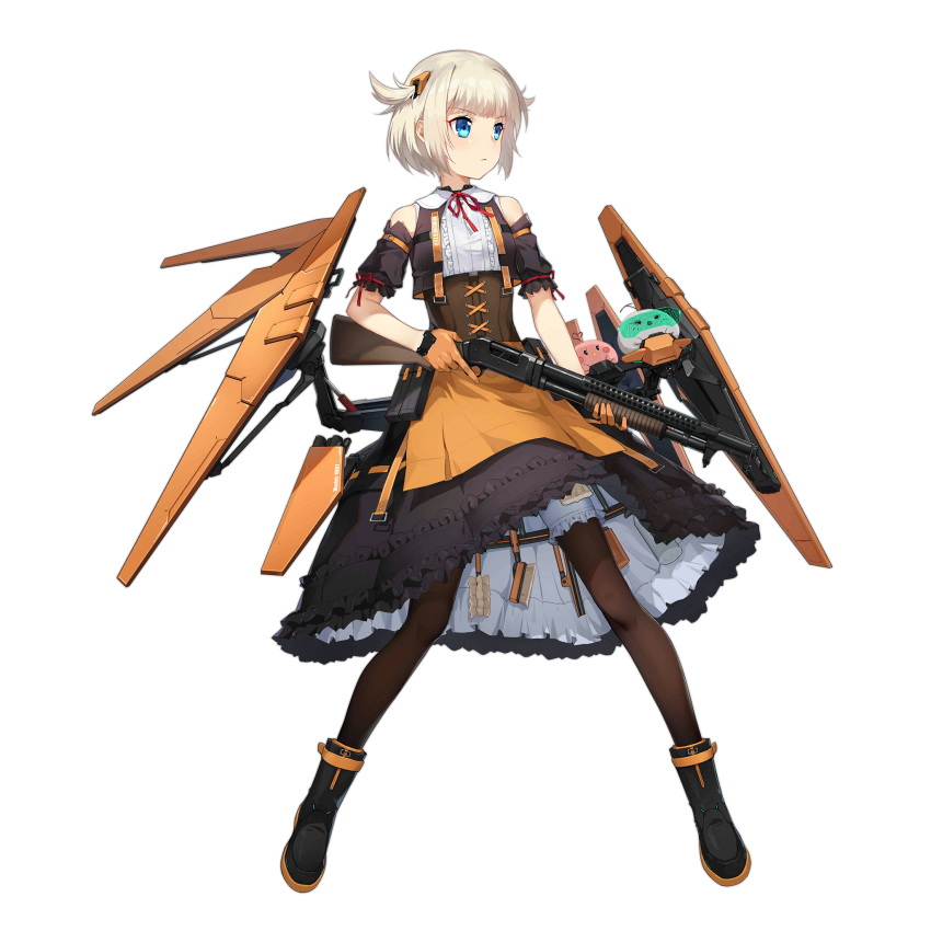 1girl apron assault_visor bird black_dress black_footwear blonde_hair blue_eyes boots bottle bridal_garter brown_corset brown_pantyhose chilunchilun closed_mouth corset detached_sleeves dress full_body girls'_frontline gloves gun hair_ornament highres holding holding_gun holding_weapon legs_apart looking_to_the_side m1897_(girls'_frontline) maid mod3_(girls'_frontline) neck_ribbon official_alternate_costume official_art orange_apron orange_gloves pantyhose pump_action red_ribbon ribbon shield short_hair short_sleeves short_twintails shotgun simple_background sleeveless sleeveless_dress solo spray_bottle squeegee standing transparent_background trigger_discipline twintails weapon winchester_model_1897