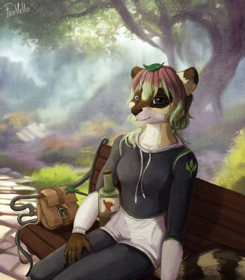 alcohol anthro bench beverage bottle bottomwear clawed_fingers clothed clothing container digital_media_(artwork) digital_painting_(artwork) etiquette female fihell handbag hi_res highlights_(coloring) label leaf liquor looking_at_viewer mammal pants park_bench plant procyonid raccoon solo sweatpants sweatshirt tree