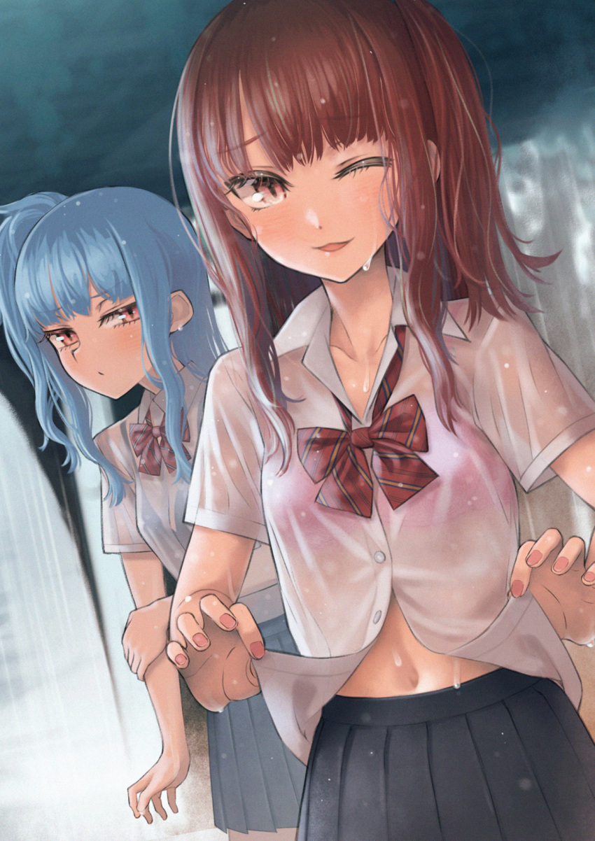 2girls :3 behind_another black_skirt blue_bra blue_hair blurry blurry_background blush bow bowtie bra bra_visible_through_clothes collared_shirt commentary_request cowboy_shot dress_shirt dutch_angle furrowed_brow glaring half-closed_eyes highres holding_own_arm kotonoha_akane kotonoha_aoi long_hair looking_at_viewer loose_bowtie multiple_girls navel one_eye_closed one_side_up open_mouth pink_bra pink_eyes pink_nails plaid plaid_bow plaid_bowtie pleated_skirt popped_collar pout rain raised_eyebrows red_bow red_bowtie red_hair samaru_(seiga) school_uniform shelter shirt shirt_hold short_sleeves siblings sidelocks sisters skirt underwear untucked_shirt voiceroid wet wet_clothes wet_hair wet_shirt