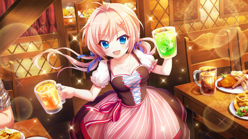 1boy 1girl ahoge alternate_hairstyle blue_eyes breasts cleavage collarbone cup dirndl dot_nose film_grain food food_request game_cg german_clothes hair_ornament hairclip himura_nagisa holding holding_cup ice ice_cube indoors izumi_tsubasu lens_flare long_hair looking_at_viewer low_twintails medium_breasts mug non-web_source official_art open_mouth pink_hair pink_skirt plaid plaid_shirt plate puffy_short_sleeves puffy_sleeves re:stage! red_ribbon restaurant ribbon sausage shirt short_sleeves skirt smile solo_focus sparkle striped striped_ribbon striped_skirt table twintails vertical-striped_skirt vertical_stripes waist_ribbon waitress wooden_chair wooden_floor wooden_table