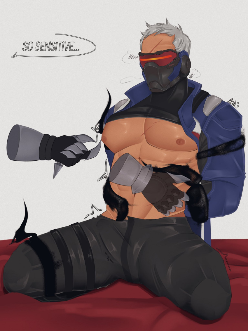 abs ashenonedraws bara bodysuit bulge erection heavy_breathing highres jacket latex latex_bodysuit male_focus masked mature_male nipple_tweak nipples old old_man open_clothes open_jacket overwatch overwatch_1 pectorals reaper_(overwatch) shadow soldier:_76_(overwatch) spread_legs yaoi